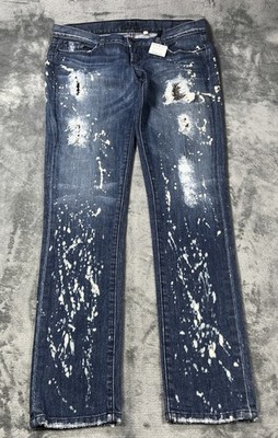 Vintage Bebe Denim Jeans Womens 31 Distressed Patchwork Paint Splatter Y2K USA
