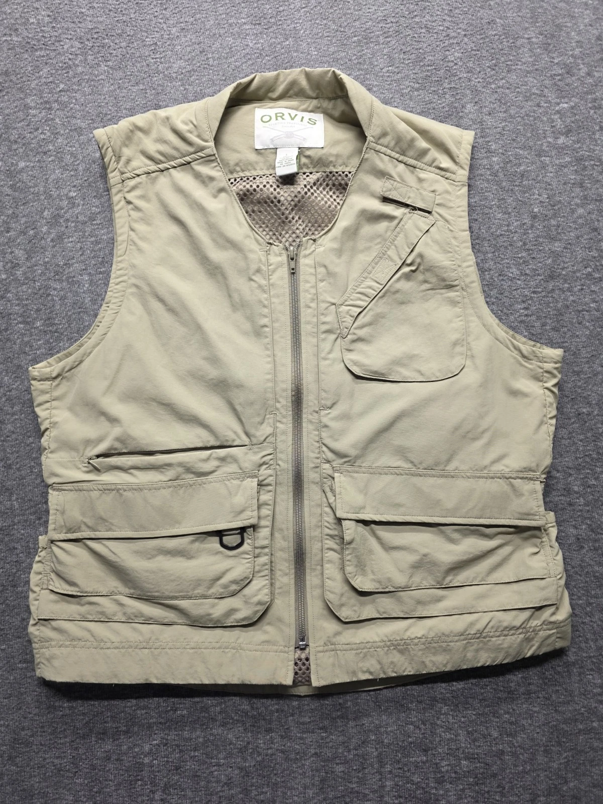 Orvis Fishermans Fishing Vest Beige Large Nylon Mesh Lined Full Zip Fly Fishing