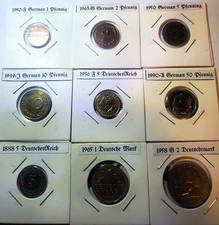 Germany 9 Coin Set- 1 2 5 10 50 Pfennig 1 2 Mark  1888 - 1965
