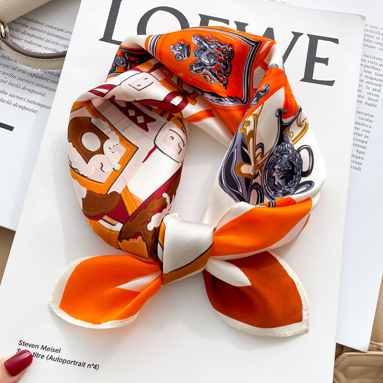 100% Mulberry Silk Scarf Women Orange saddle Kerchief Square Bandana Wrap 21’’