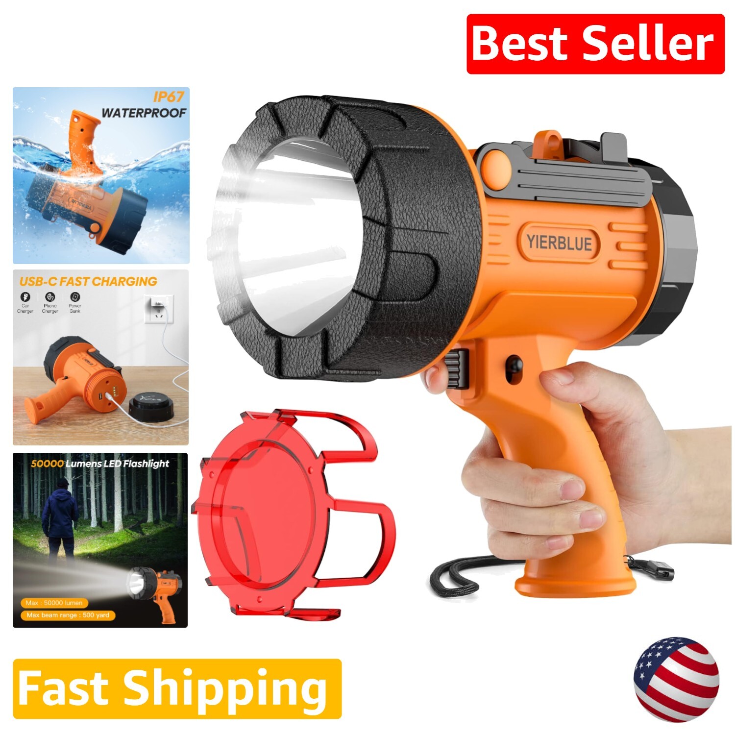 Ultra-Bright 200K Lumens Handheld Flashlight Waterproof USB-C 10000mAh Battery