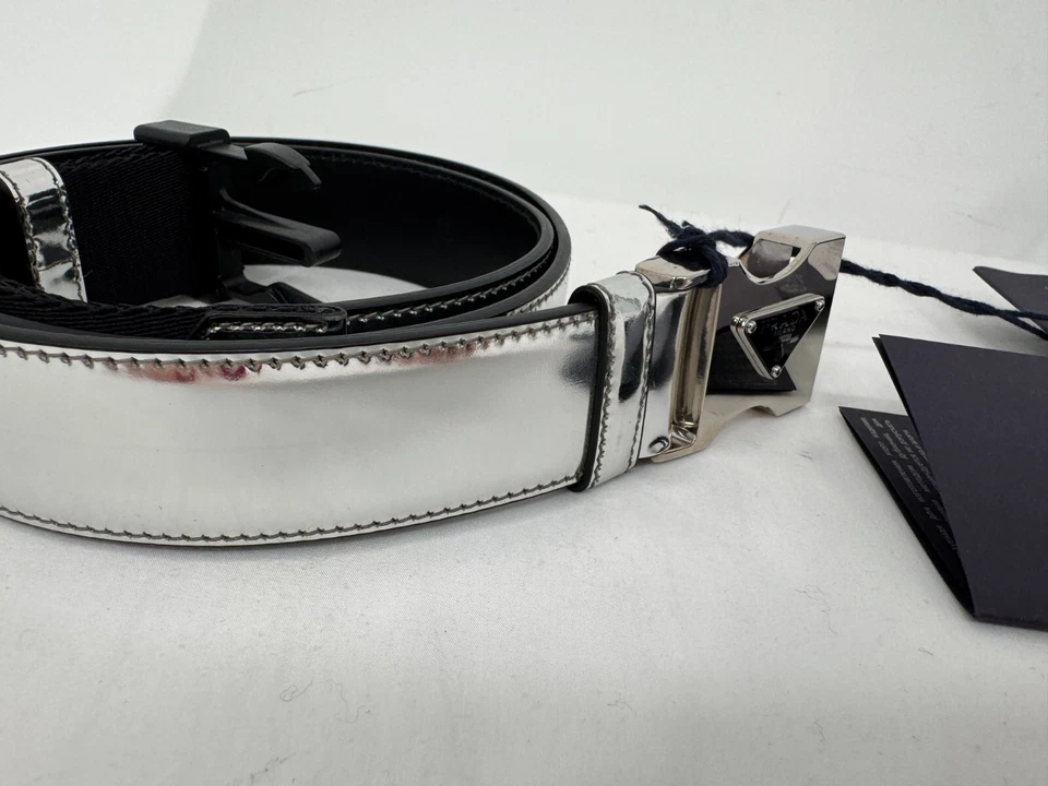 NWT Prada Argento Metallic Silver Leather Silver Triangle Logo Buckle Belt Sz 95 - Image 4 of 4