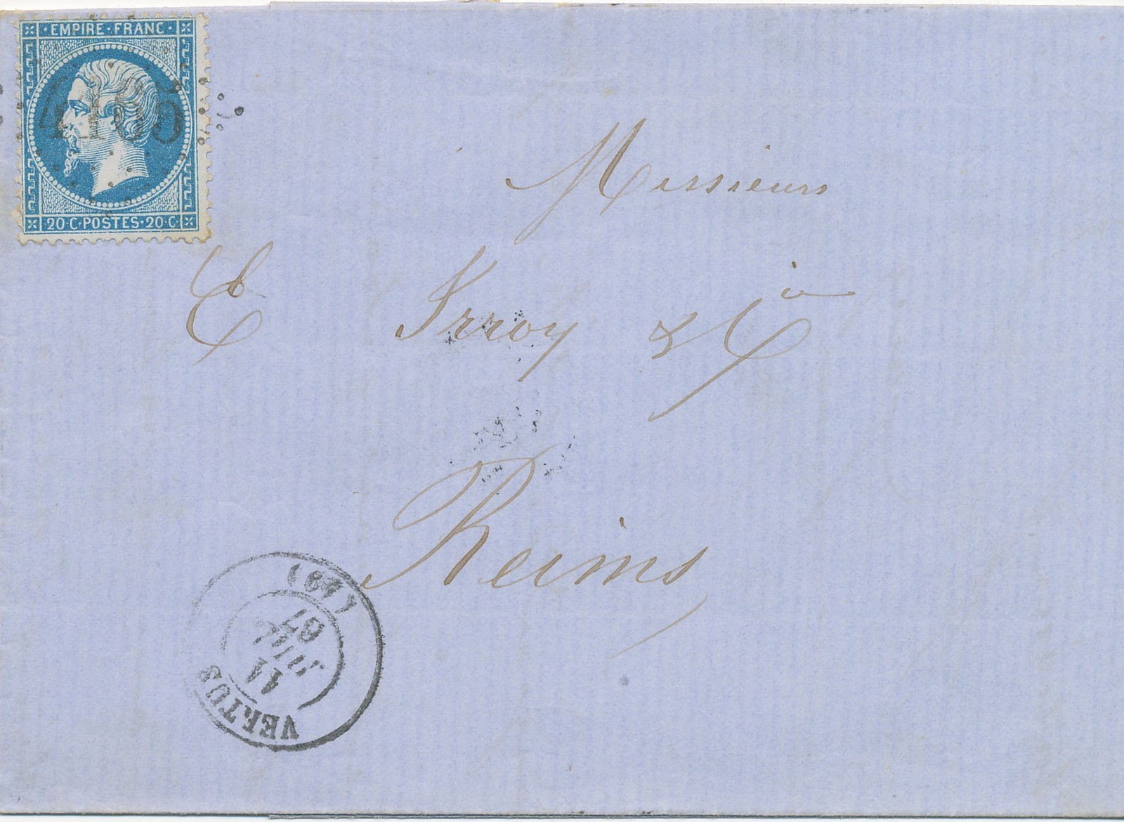 FRANCE "4165" Number Stamp (Large Digits) & K2 "VERTUS / (59" Cover 1867