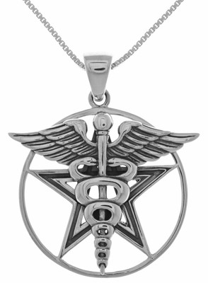 Jewelry Trends Sterling Silver Caduceus Wings and Star Pendant on Box Chain Neck