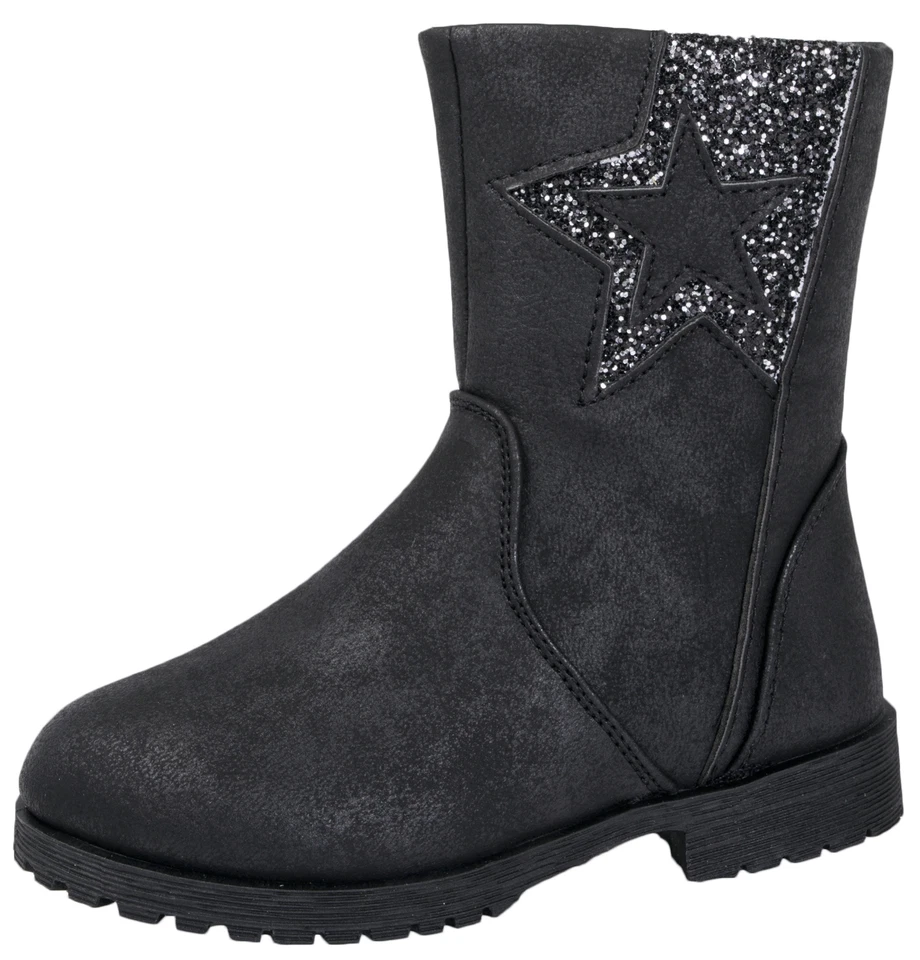 BMS Buckle My Shoe Mädchen halbhohe schwarze Stiefel Kunstleder Glitzer Stern Gr.