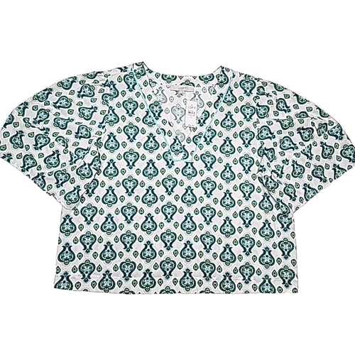 Loft Ann Taylor Shirt Boho Cotton V-Neck White Green Size XL Spring Summer NEW