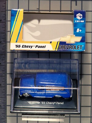 Hot Wheels 2007 1:87/HO, three '55 Chevy Panels, blue & orange & black w/graphic