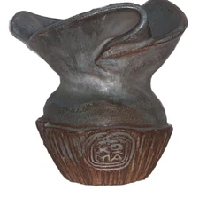 VTG Wrapped Pottery Blue Brown 3”T 3”Diam Top Vase Jar Signed Marked