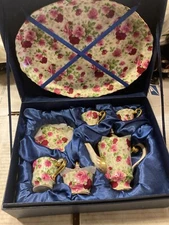 VTG  FLORAL ROYAL ALBERT? 7 PC SMALL TEA SET in BLUE GIFT BOX, MAGNIFICENT! NIB!