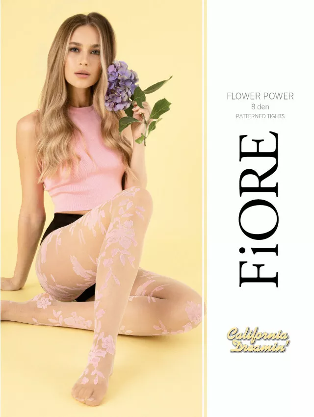 FIORE FLOWER POWER PINK FLOWERS ON NUDE PANTYHOSE TIGHTS 8 DENIER
