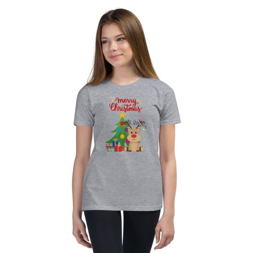 Christmas Tree and Reindeer Bella + Canvas 3001Y Youth Short Sleeve T-Shirt - Picture 19 of 19