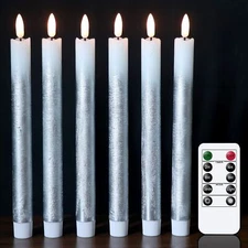 Flameless Taper Candles with Remote & Timer 9 Inch Real Wax Silver Battery Op...