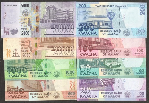 Full Set 8 Pcs Malawi 20 50 100 200 500 1000 2000 5000 Kwacha 2020 - 2024 UNC - Picture 2 of 6