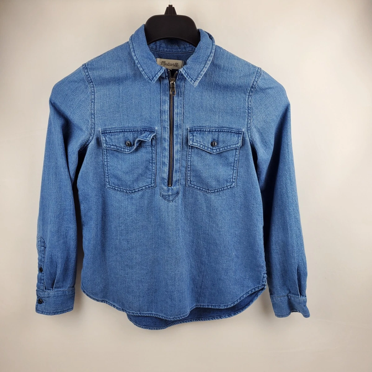 Madewell Womens 1/2 Zip Denim Shirt Long Sleeve Pullover Blue Small 100% Cotton