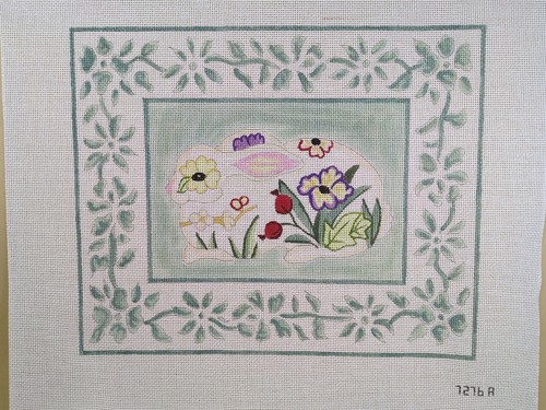 Needlepoint hand painted canvas - Rabbit with flowers *