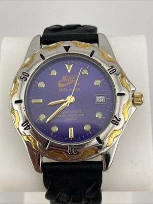 Vtg Nike Men 38mm Watch Two-Tone Purple Dial Date Black Leather