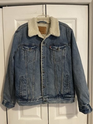 Levis Premium Sherpa Lined Denim Trucker Jacket Medium Wash Blue Size Large