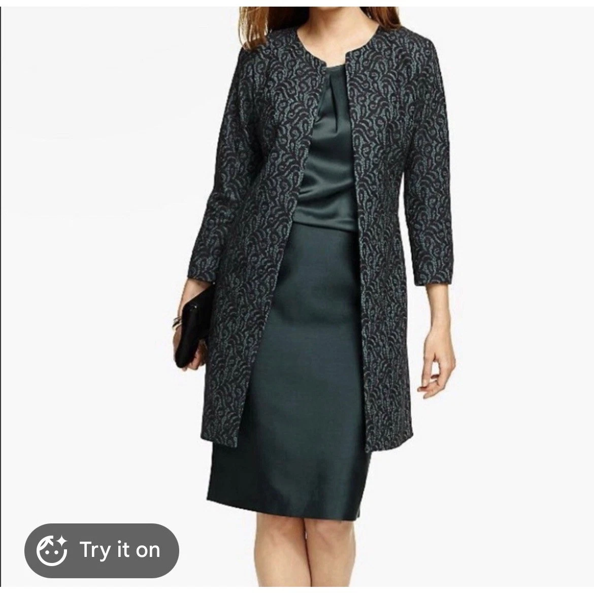 NWT Talbots Women 8 Teal Black Jacquard Lace Topper Jacket Open Front