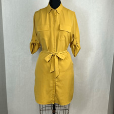 Express Belted Shirt Dress Sz Small Button Front Roll Tab Half Sleeve Yellow