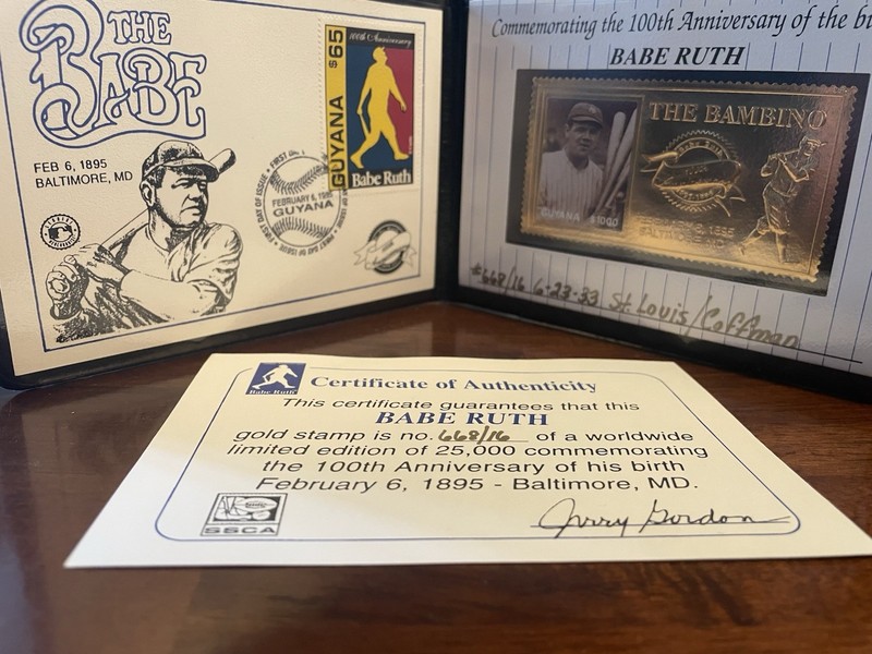 BABE RUTH 100th ANNIVERSARY 1995 GUYANA 23K GOLD STAMP BOOK COA NEW YORK YANKEES