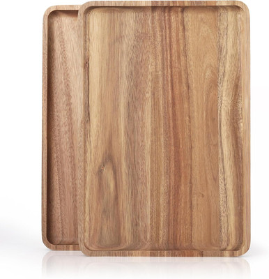 2 PCS Solid Acacia Wood Serving Trays 13 * 9 Inch Rectangular Wooden Serving Pla