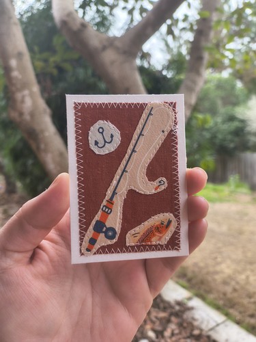 ACEO Original Fabric collage camping, Fishing Pole And Fish On Red