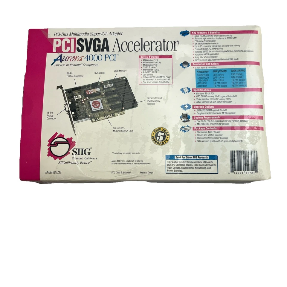 SIIG - PCI SVGA Accelerator Aurora 4000 New Open Box Vintage RARE - Image 2 of 4