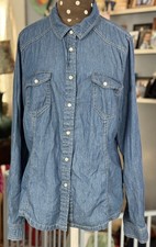 Western Blue Denim pearl snap Long Sleeve Button Up Shirt Large xl