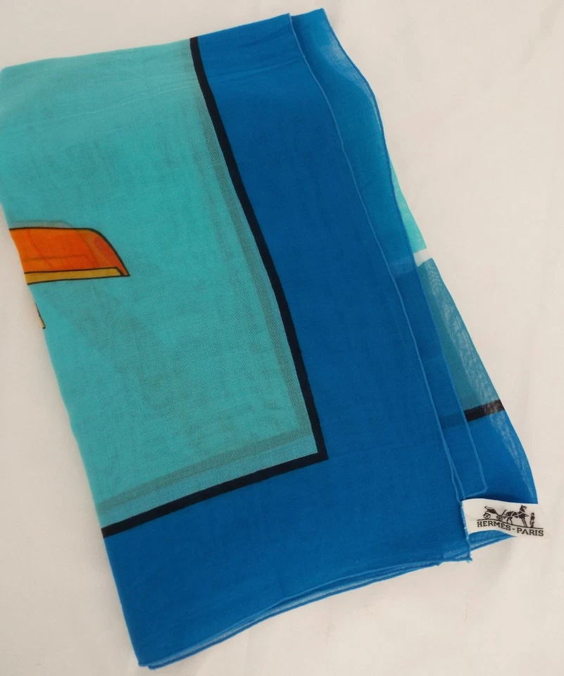 Hermès Paris Cotton Pareo Beach Wrap Scarf Shawl Blue Orange Airplanes Hermes - Image 2 of 4