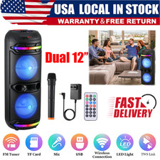 LED Portable Bluetooth Party Speaker Dual 12" Subwoofers Mic for Home Outdoor DJ
