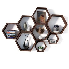 Hexagon Floating Shelves Set of 8 Honeycomb Shelves for Wall, Rustic Brown