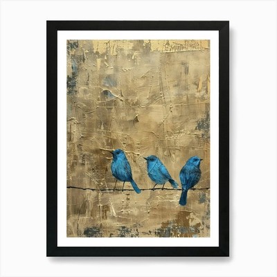 Blaue Vögel am Draht 2 Kunstdruck gerahmt Wandbild Poster Leinwanddruck Bild