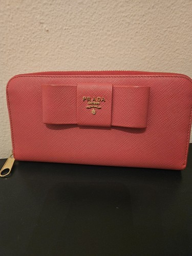 Authentic Prada Saffiano Leather Bow Ribbon Zippy Long Pink Wallet