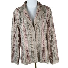 Chicos Blazer Women 2 Fits L Beige 100 Silk All Over Embroidered Boho Jacket