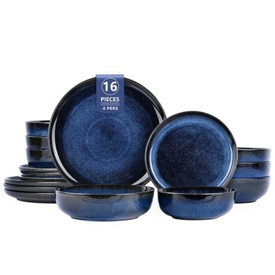 Ollieroo 16 Pcs Porcelain Service for 4 (Include Pasta Bowls), Blue