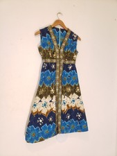 Vtg 60s Barkcloth Sleeveless Dress XS As Is Midi Metallic Trim Tiki OOAK