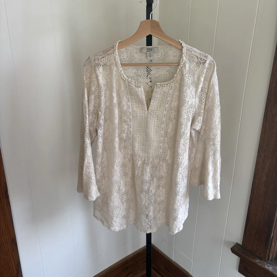 Top Vintage America Blues Para Mujer L Marfil Encaje Pradera Western Boho Manga Campana Foto 2 de 4