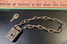 Vintage Old Metal Bicycle Chain Padlock Lock With Key 1.5” Tall Appr 12” Chain!