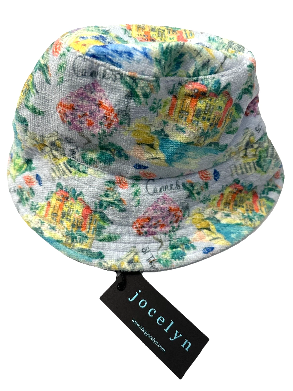 JOCELYN One Size NWT Cannes Tourist Fabric Bucket Hat Blue $70 Travel Colorful