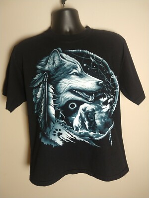 ROCK EAGLE Classic Wear MENS T-Shirt Large Dual All-Over Wolf & Buffalo Herd