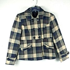 Yoki Womens Winter Coat Jacket Sz L Crean Plaid Detachable Hoodie Double Breast