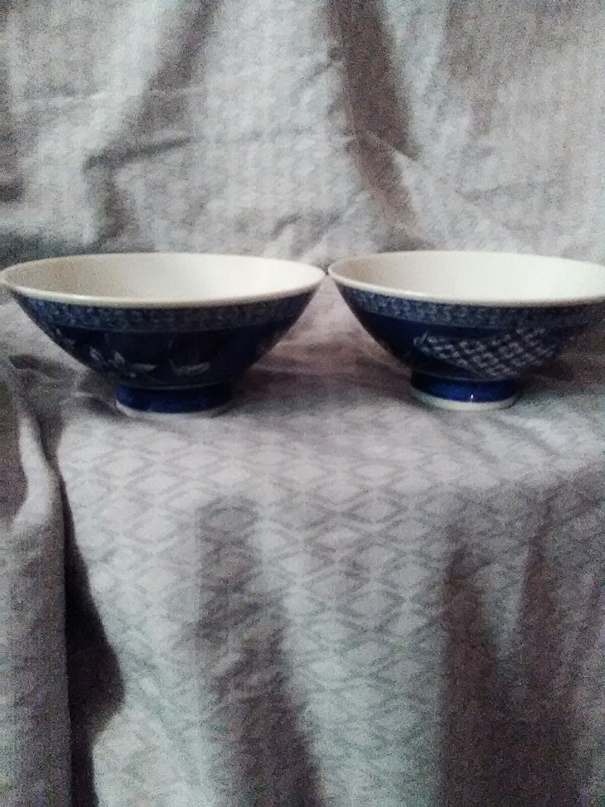 2 Japanese Footed Rice Bowls Blue and White Textured Glaze | eBay