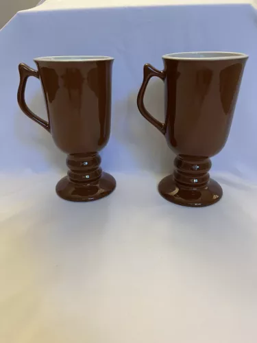 Hall Pottery # 1273 Footed Pedestal Chocolate Brown Mugs Cups Set Of 2 Pre-owned