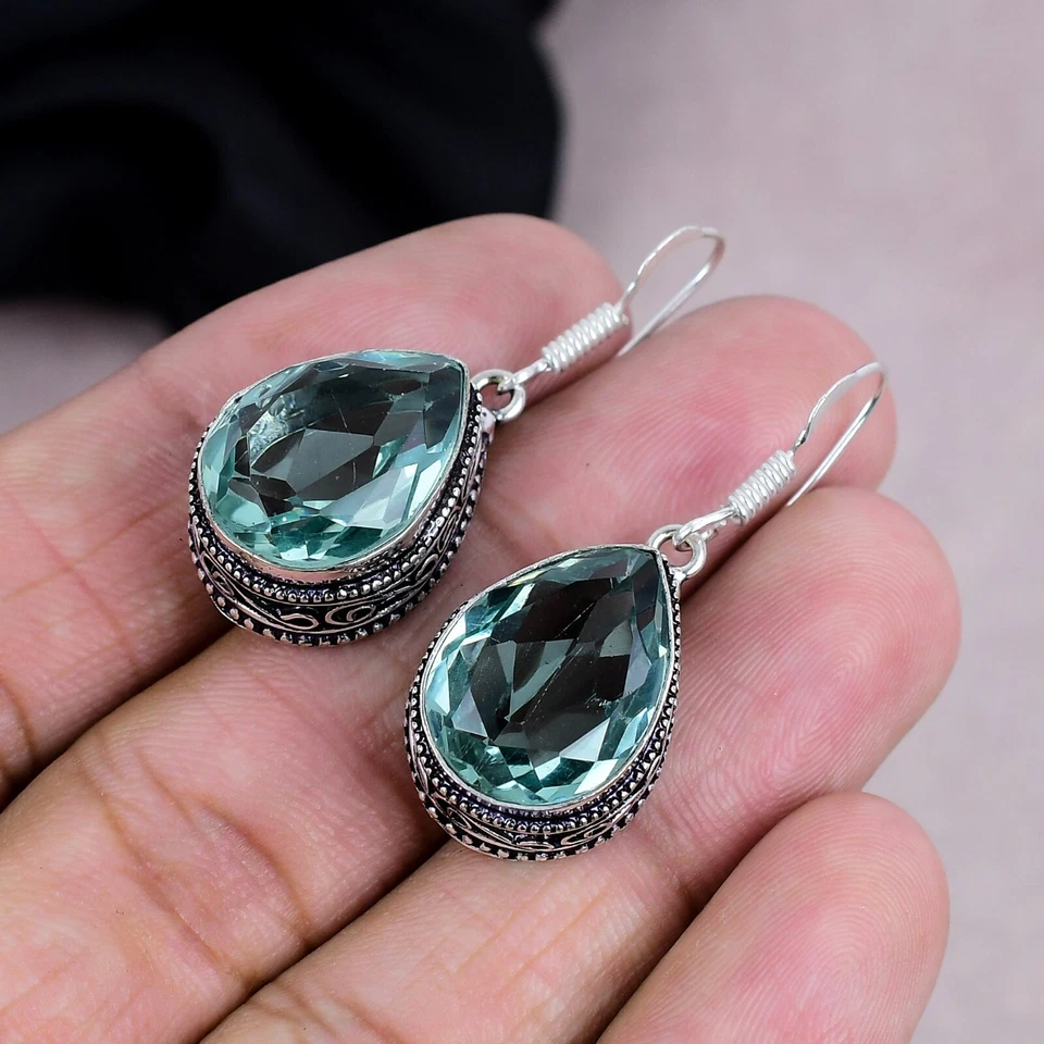 Pendiente colgante de piedras preciosas de aguamarina de plata de ley 925 hecho a mano joyería para regalo Foto 3 de 4