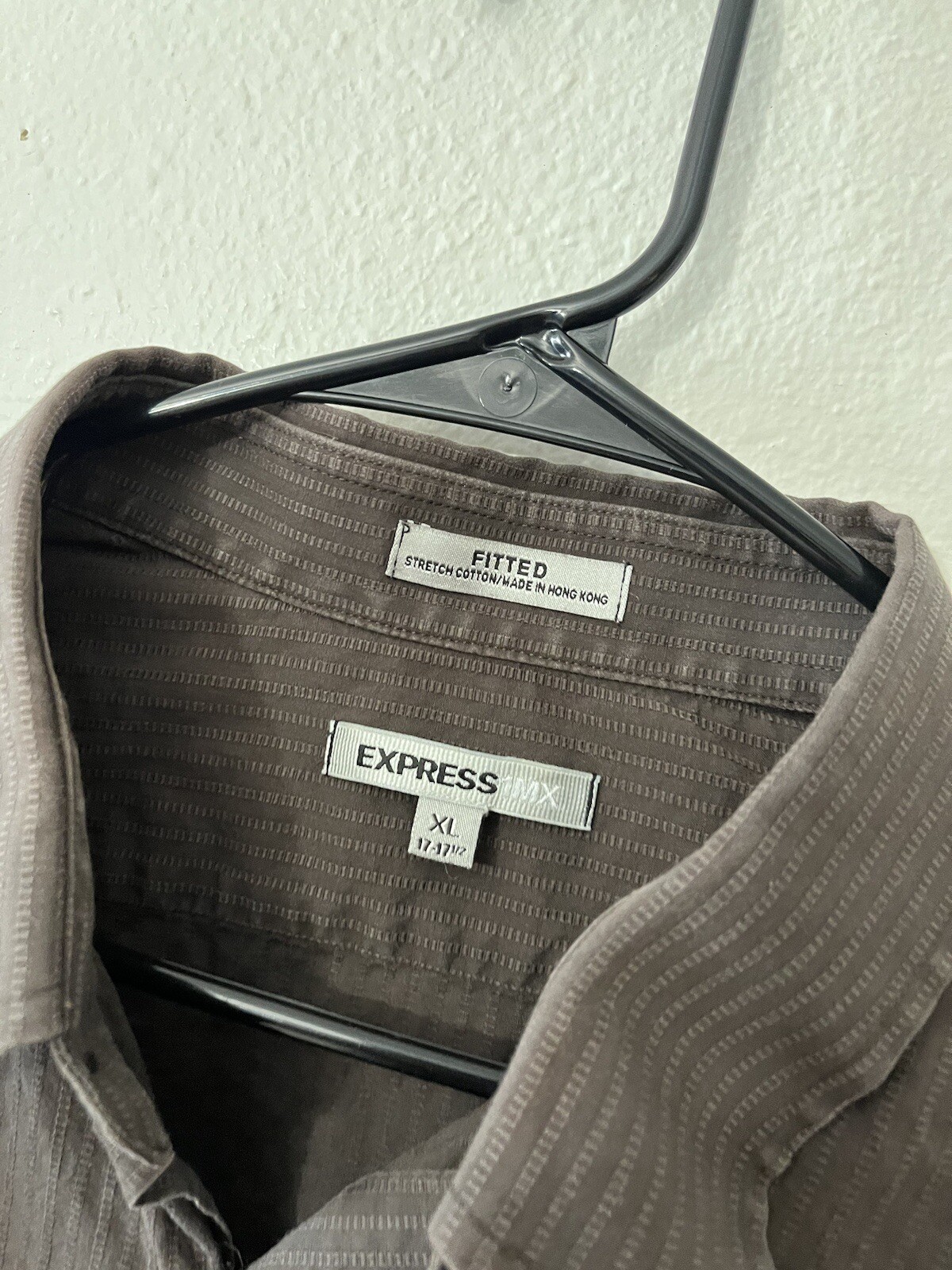 Express 1MX Fitted Solid Button Shirt Brown Strip… - image 3