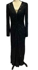 Ieena Mac Duggal Black Long Sleeve Sequin Faux Wrap Side Slit Gown Size 6 398