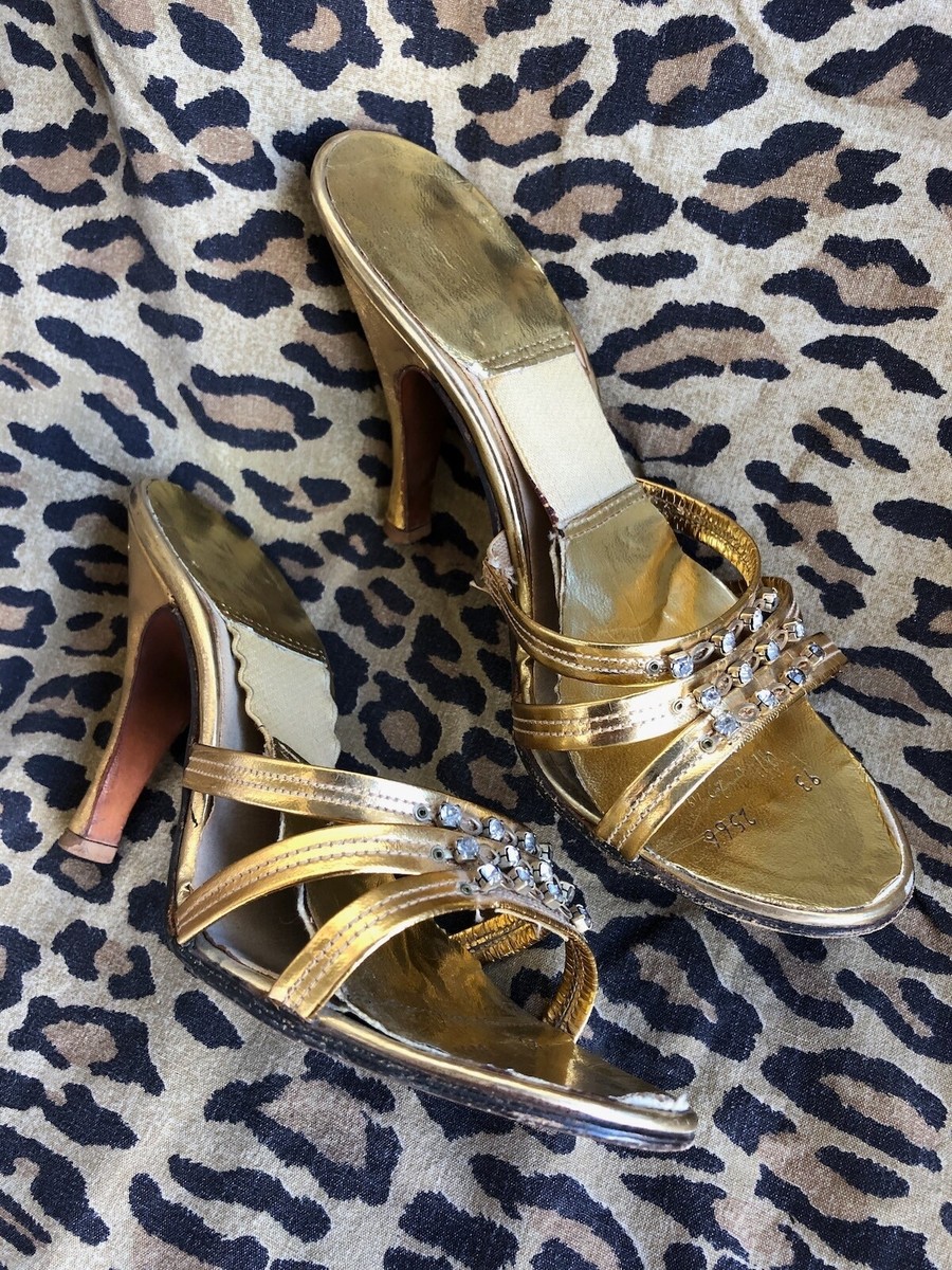 Vtg 1950s Springolators Gold Rhinestone Peep Toe Heels Shoes Stiletto Sz  US5