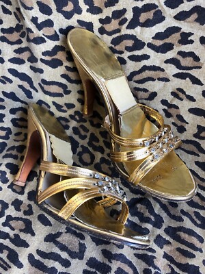 Vtg 1950s Springolators Gold Rhinestone Peep Toe Heels Shoes Stiletto Sz  US5