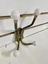 Vintage Brass Porcelain Knob 4 Hooks Wall Mount Towel Hanger Coat Hooks