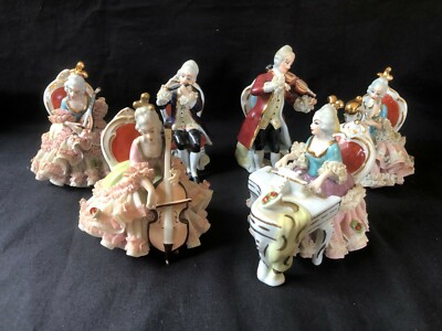 6 x antique dresden porcelain lace figurine. Musicians